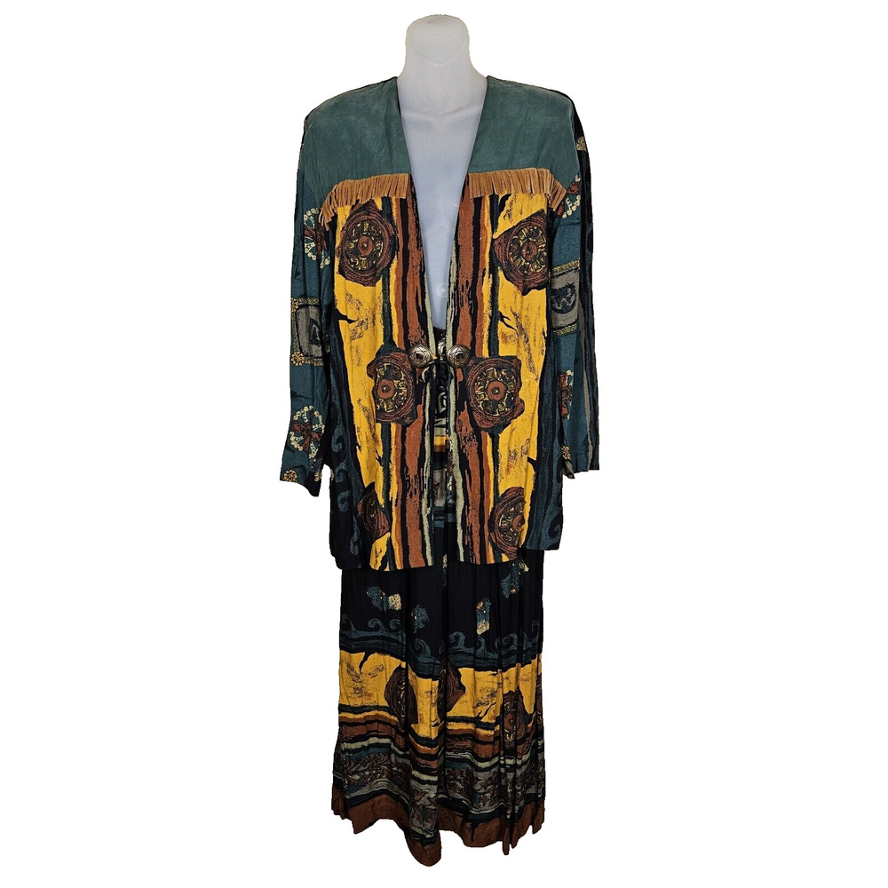 VTG Southwestern Women M In Group Skirt Set Blazer Jacket Fringe Hippie Maxi USA